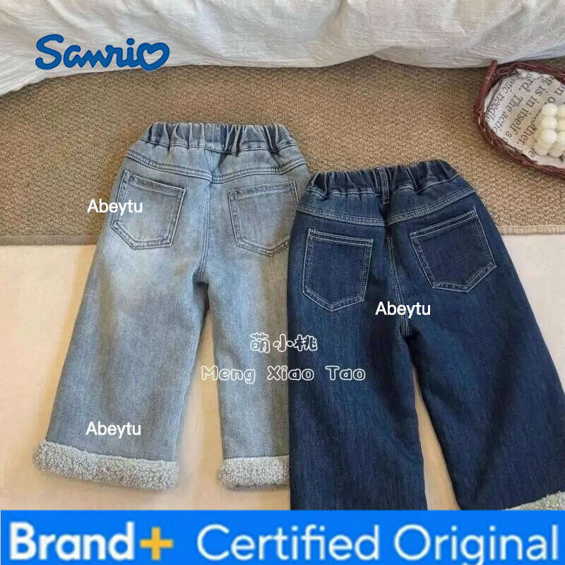 Sanrio Hello Kitty Alpaca Wool Fleece Lined Jeans for Girls and Children Autumn Winter Korean Style Sweet Fashion Denim Pants H260206