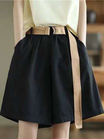 Casual Cotton ort Women's New Sle Thin Wide Leg Slimming Versatile Commuting Belted Five-Quarter Hot Pants XJ260206