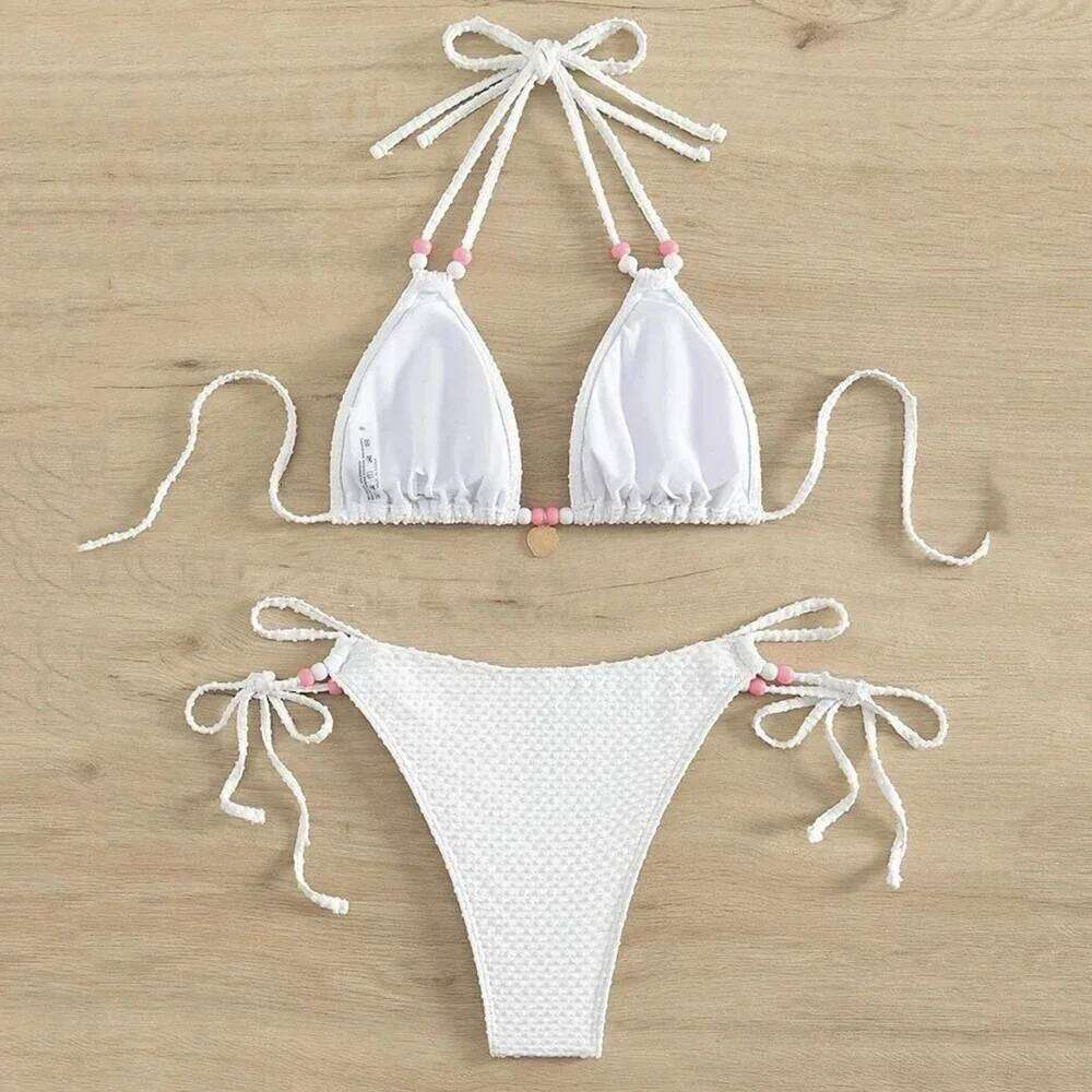Sexy Pink Micro Thong Bikinis Sets Bead String Halter Swimwear Women Mini Swimsuit Bathing Suit Lace-up Biquinis Triangle Bikini Z260206