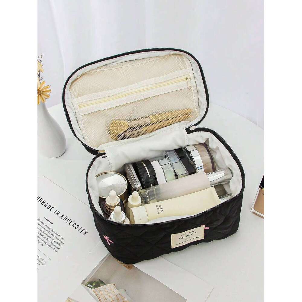 1 piece/set black bow quilted large capacity zipper bag, multifunctional travel storage makeup bag Y260206