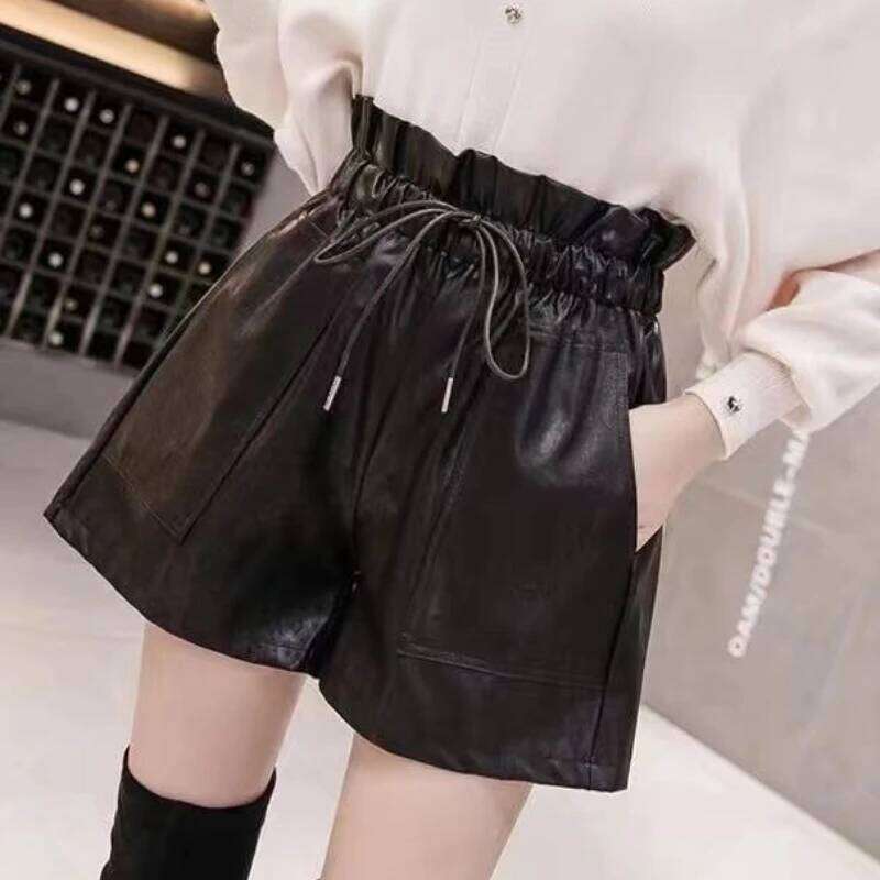 Shorts Women Ulzzang Chic Elastic Waist Pockets Loose Simple Pure Black Trendy Ins PU Leather Fall Casual 3XL Female All-match H260206