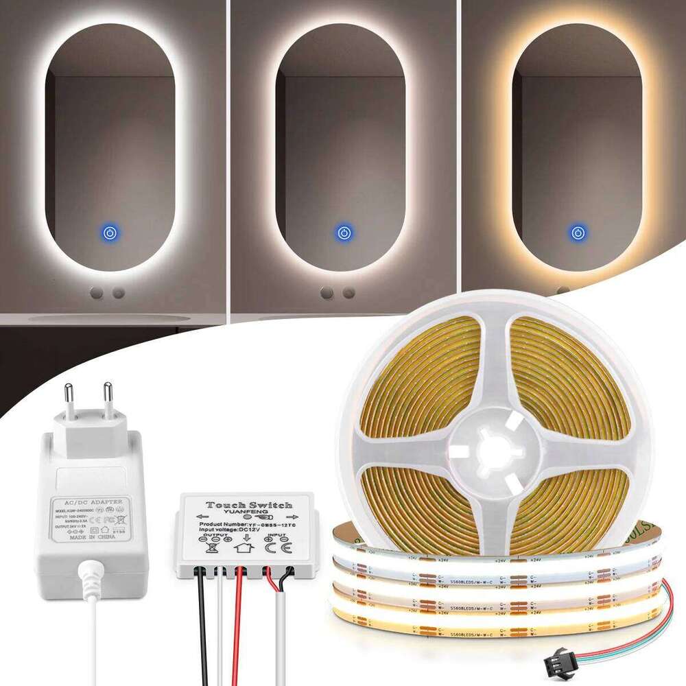 Dimmable Touch Sensor Switch CCT COB LED Strip Light 24V 2700K to 6500K Changeable For Table Mirror Backlight Tape Lamp Z260206