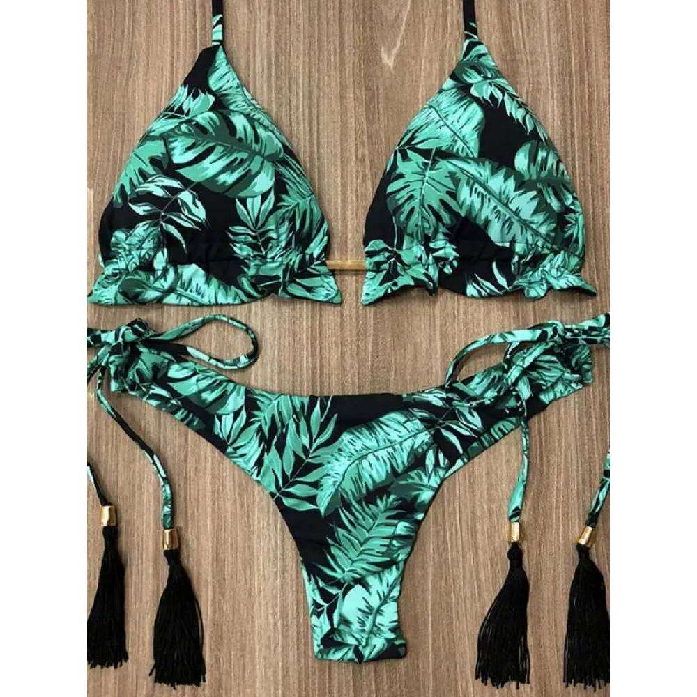 2019 Sexy Halter Women Thong Micro String Padded Swimwear Brazilian Bikini Bandage Tropical Plant Print Swimsuit XJ260206