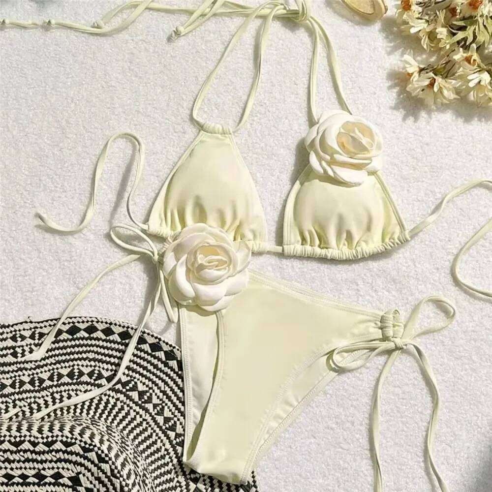 Sexy Flower Bandeau Swimwear Thong Bikini 2025 Women Lace-up Swimsuits Swimming Bathing Suit Brazilian Bikinis Set Mujer Biquini Z260206