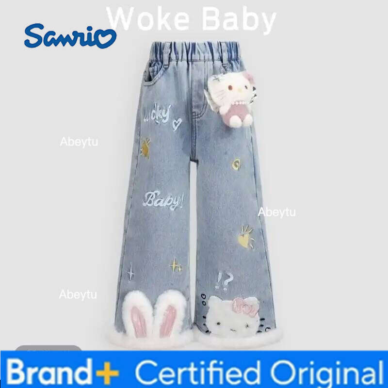 Sanrio Hello Kitty Girls Flared Jeans Fleece Lined Cartoon Pants 2025 New Fashion Casual Baby Kids Winter Trousers Cute Kawaii H260206