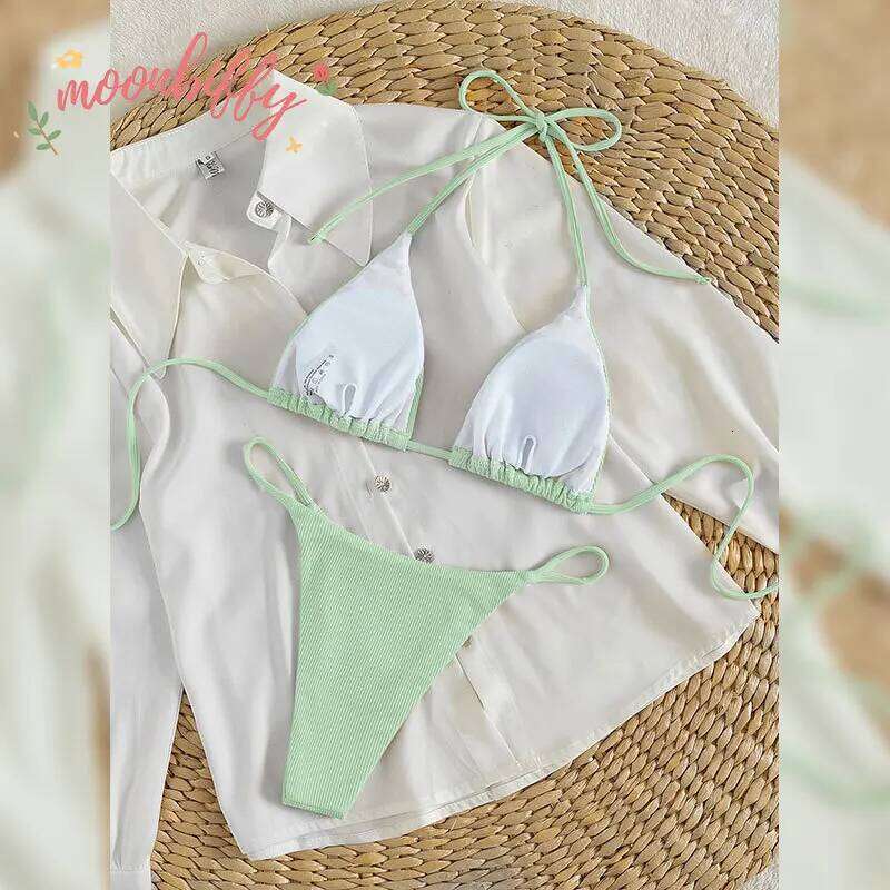 Special Pit Stripe Fabric Set Women Sexy Simple Solid Halter Bikini Swimsuit High Waisted Lace Up Beach Bathing Suit Z260206