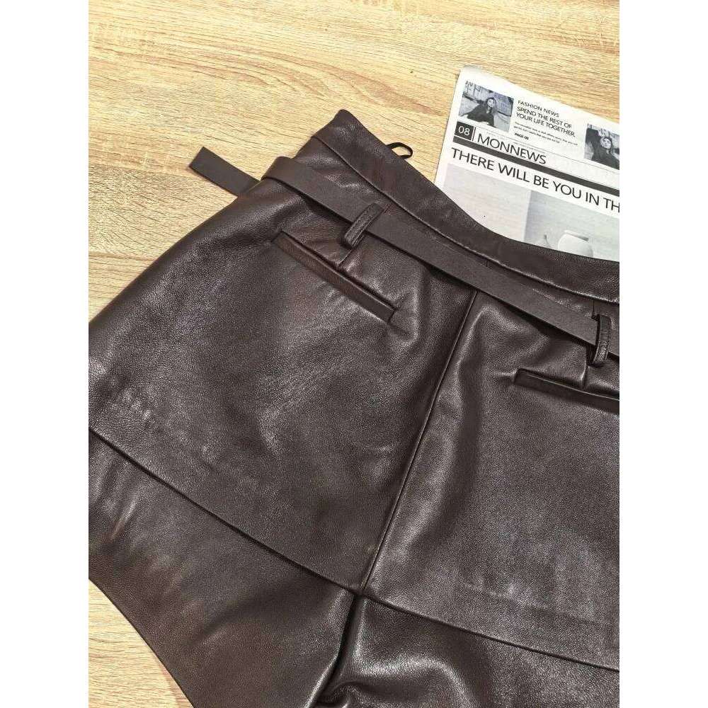 Top Quality Ladies Solid Color High Waist Genuine Leather Shorts Sweet Style Slim Sheepskin Sashes Buckle Short Trousers XJ260206