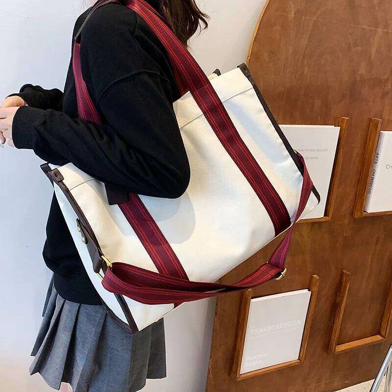 Quality Canvas Handbag For Women Large Capacity Contrast Color Wide Strap Shoulder Bags 2022 Designer Big Shopper Tote Bag Y260205