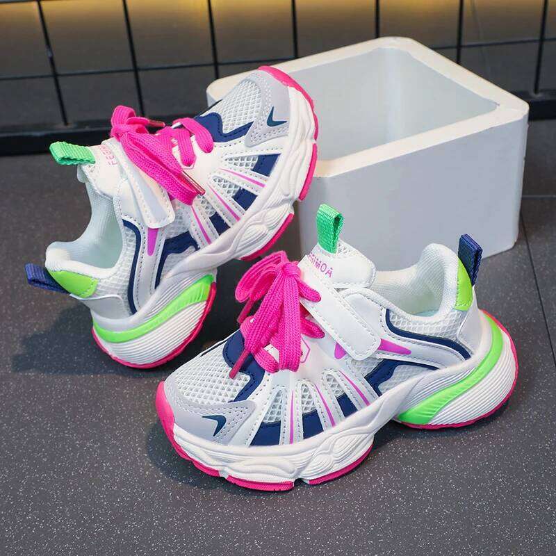 Girl's Color Block Mesh Breathable Chunky Shoes Comfy Non Slip Lace Up Durable Sneakers For Kid's Outdoor Activities 26Y0206