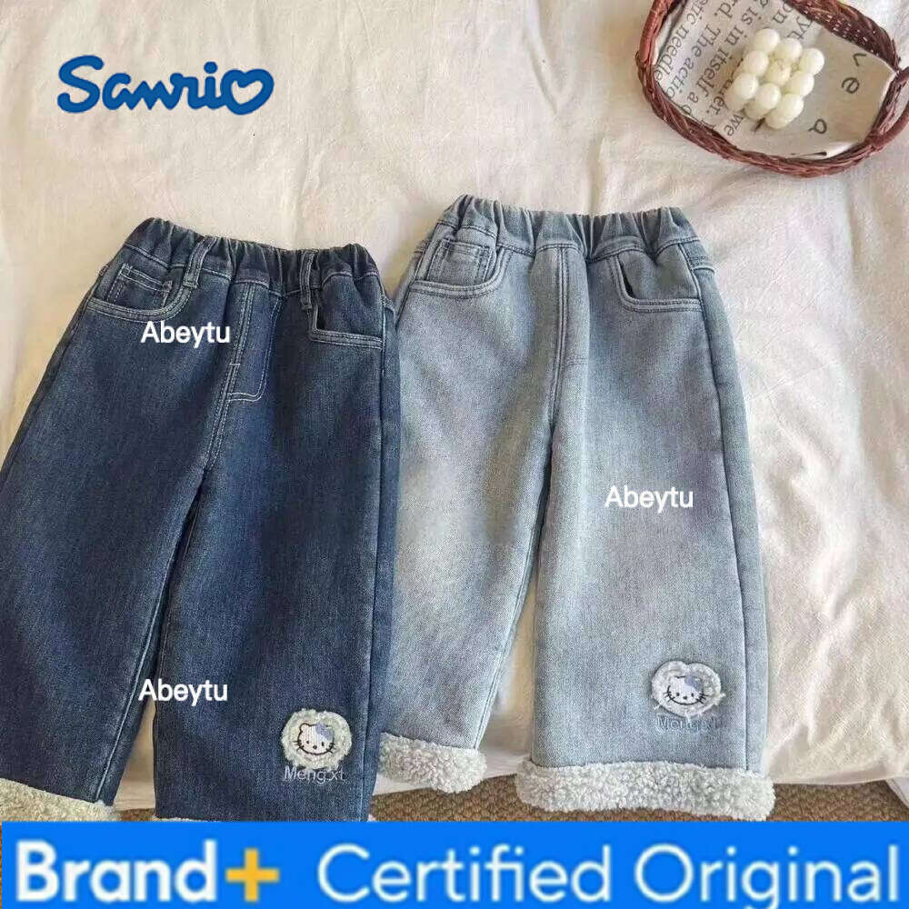 Sanrio Hello Kittys Girls Jeans Velvet Sweet Autumn Winter New Kawaii Cartoon Thicken Cotton Fashion Leisure Trousers H260206