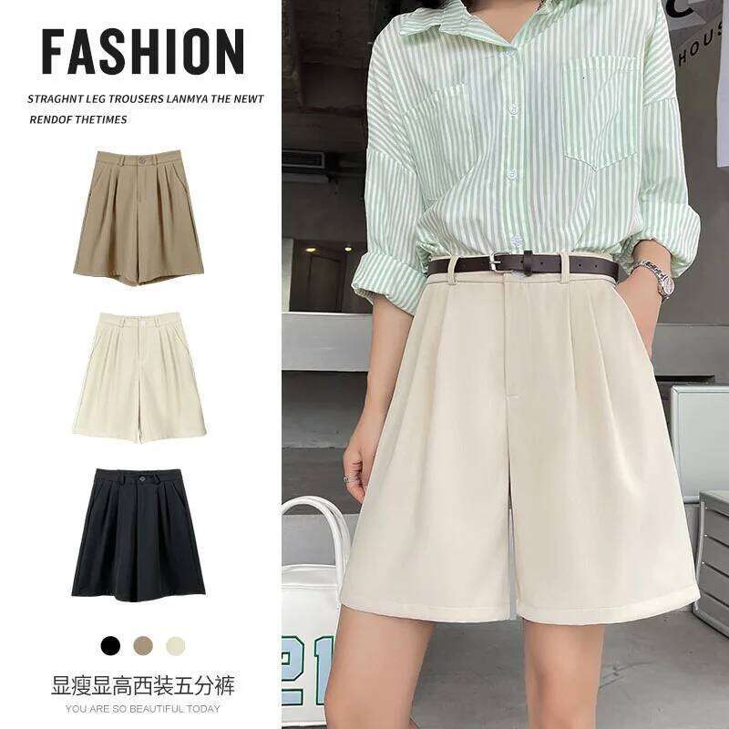 White Suit Shorts Women Summer Thin A-Line Casual Wide Leg High Waist Straight Five Pants XJ260206