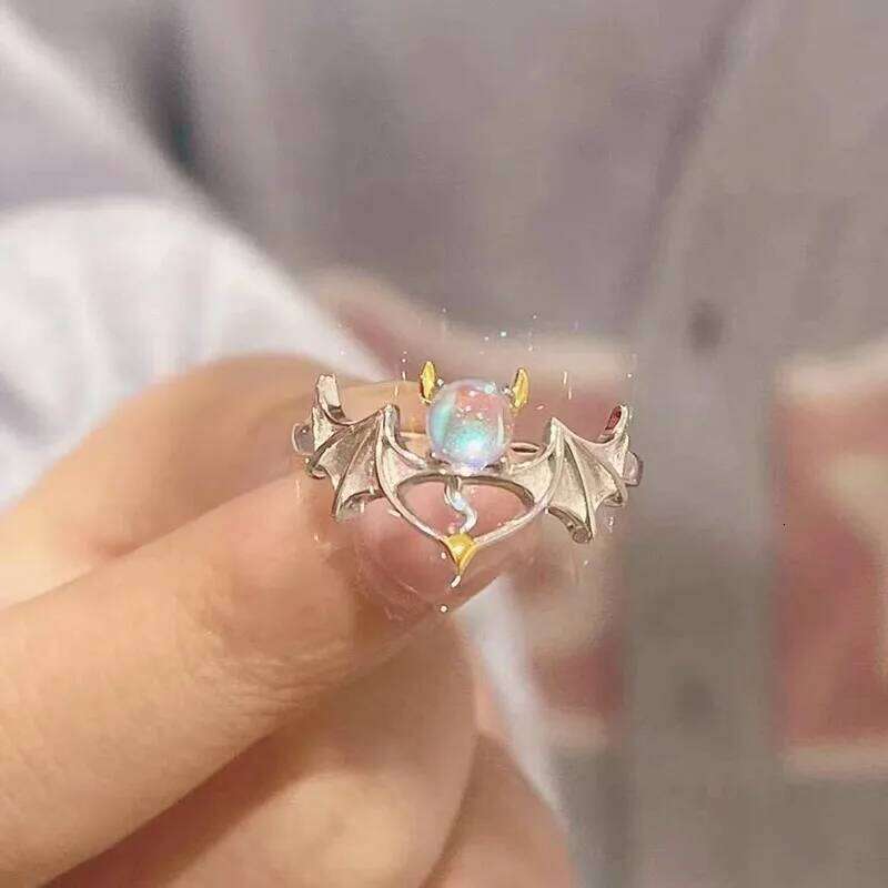 Romantic Angel and Demon Wings Couple Rings For Women Goth Fashion Moonstone Adjustable Opening Finger Men's Ring Party Jewelry W260206