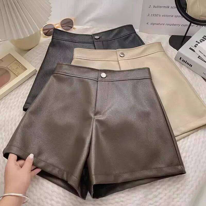 Fashionable Coffee Color High-Waisted Slimming Leather Shorts for Women 2025 Vintgae All Macth Streetwear Short Pants XJ260206