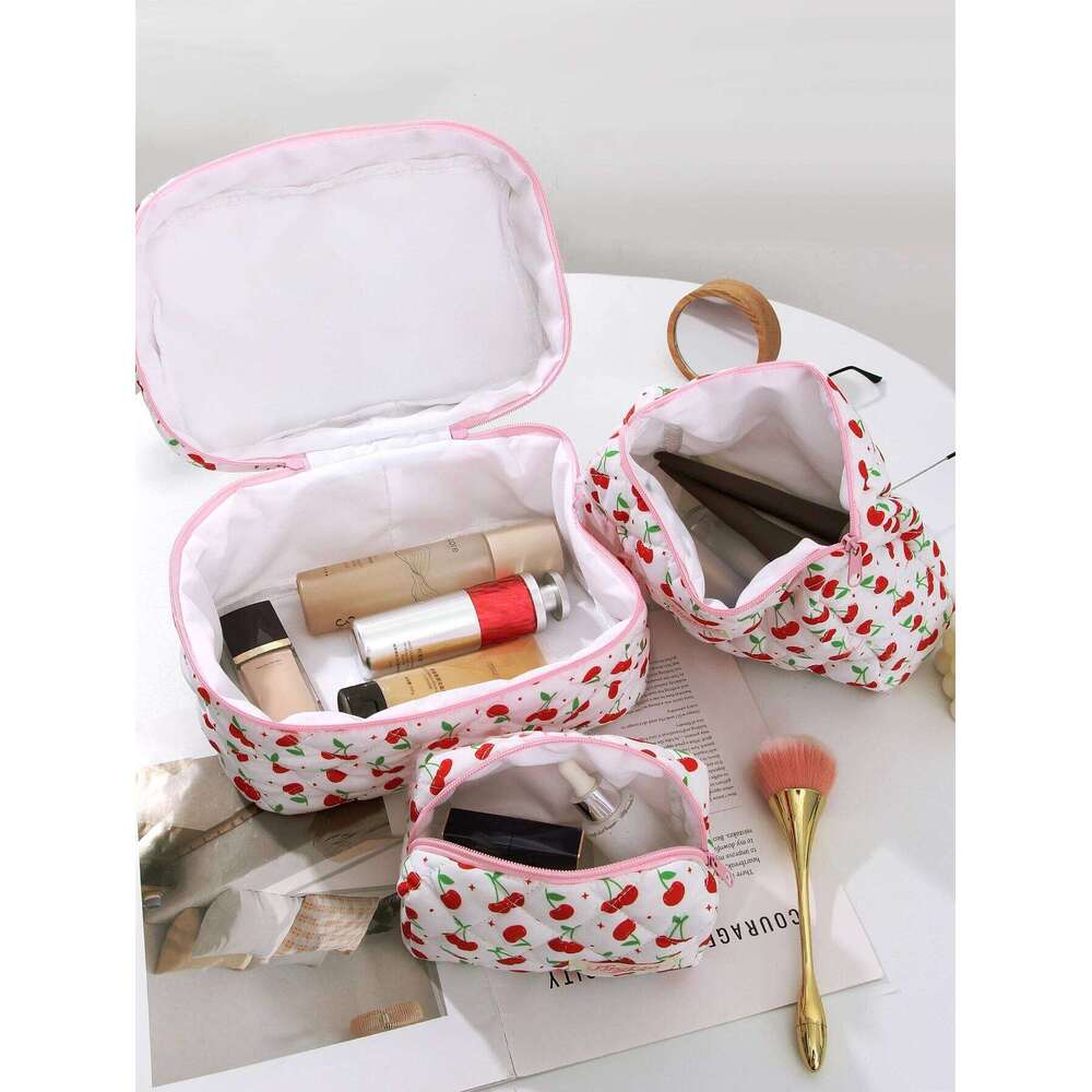 3-piece green leaf and big cherry quilted essential travel bag, cute large-capacity makeup bag Y260206