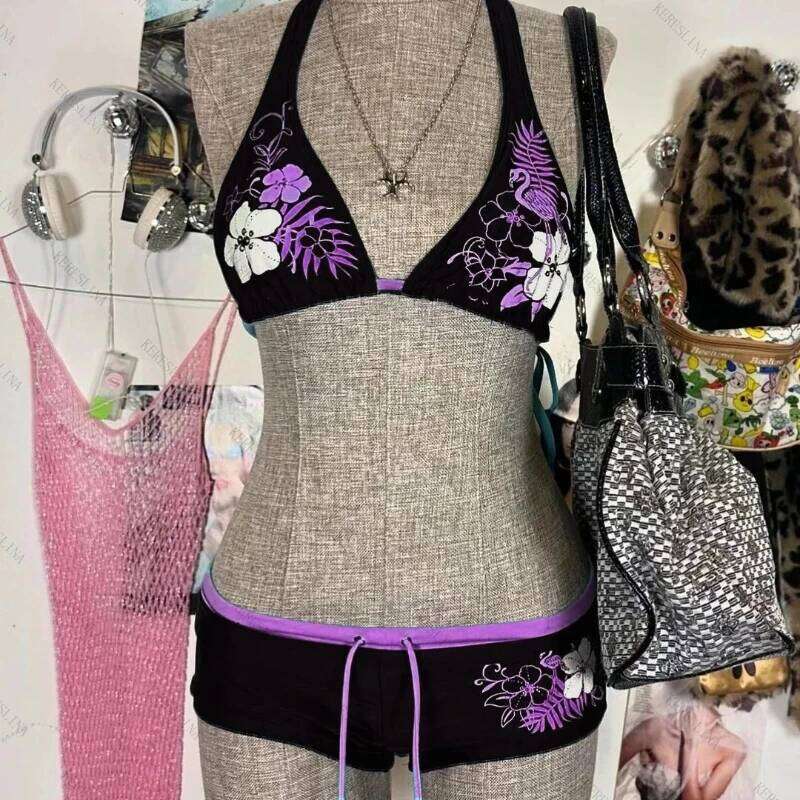 Summer new y2k retro punk sexy spicy girl style flower print bikini split two-piece seaside beach vacation swimsuit set Z260206