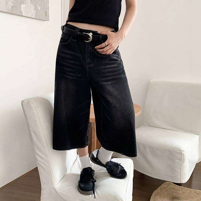 2024 Y2k Retro Women Low Rise Jorts Brushed Black Wash Cropped Baggy Jeans Wide Leg Frayed Denim Short Pants Acubi Fashion XJ260206