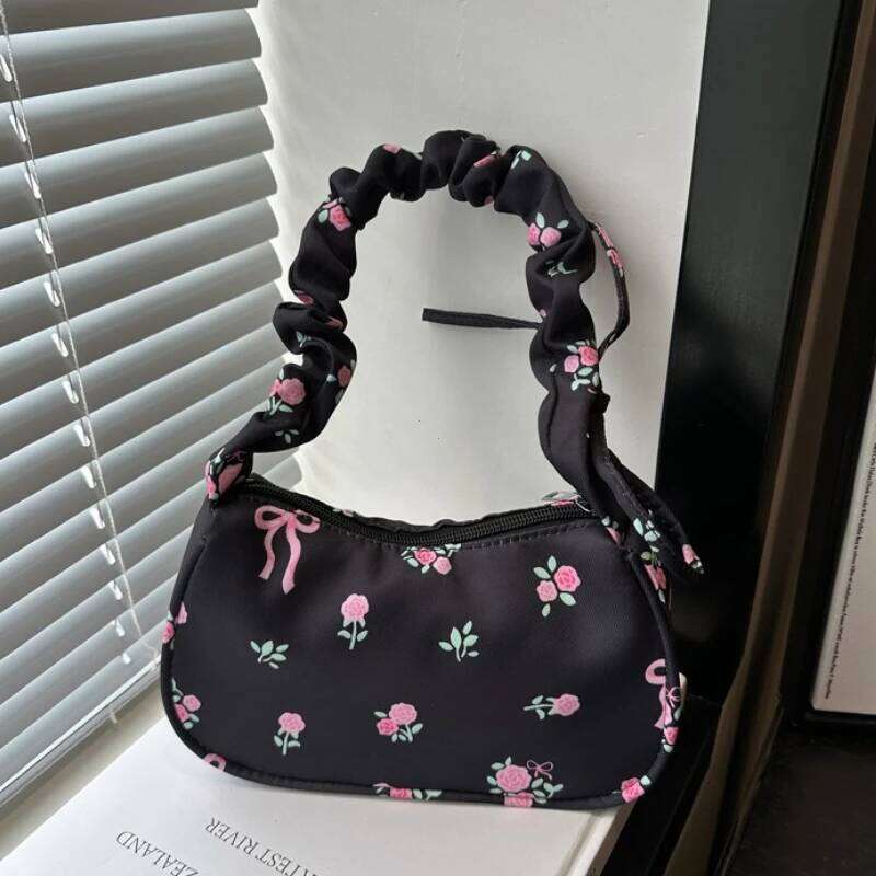 Women's Bags 2026 Summer Canvas Pleated Handbags Armpit Korean Floral Bow Printed Zipper Tote Female Small Shoulder Bag Y260205