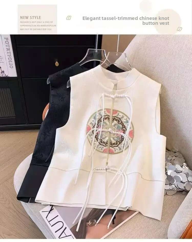 Chinese Style Women Spring Summer Embroidery Tassel Knot Button Jacket Female Sleeveless Short Coat Vintage Satin Vest