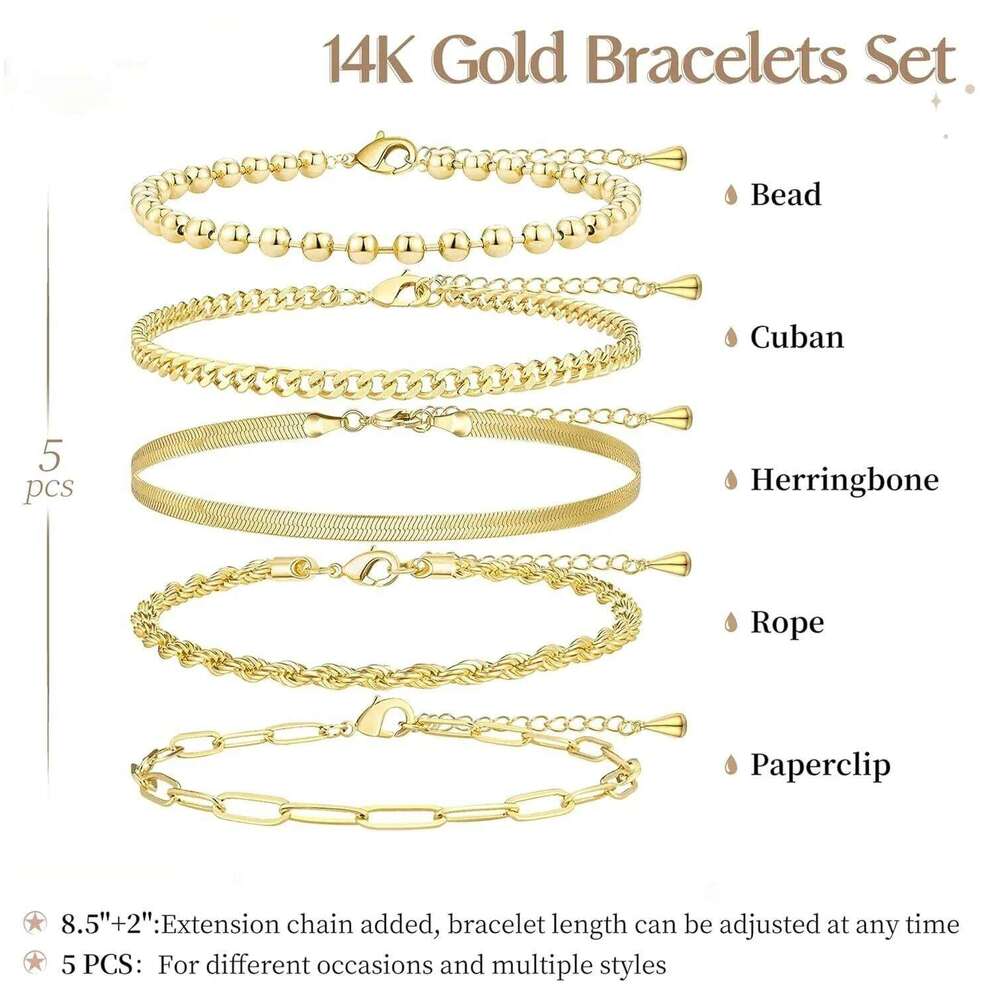 Set Gold Bracelets Stack With Beaded, Cuban, Paperclip, Snake, Rope Gifts for Women 26H0206