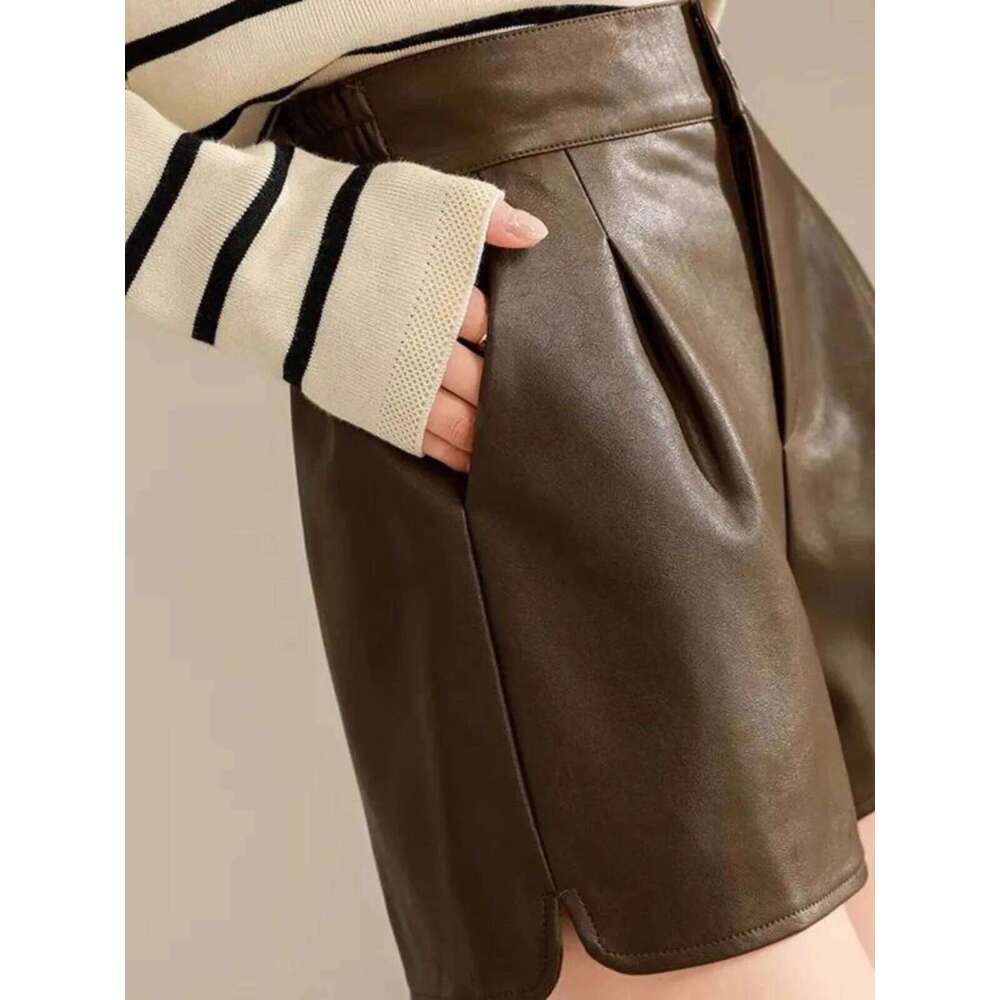 High Waist A- Line PU Leather Shorts Women's Autumn Hot Sale Of The Season New Style Wide Leg Pants Outwear Boot Match Casual... XJ260206