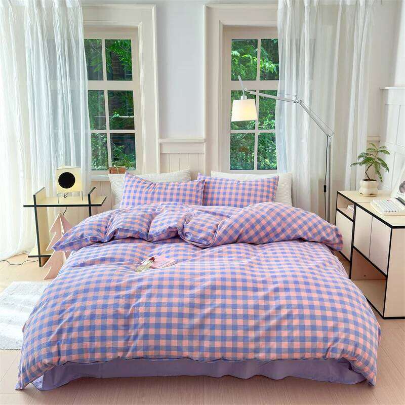 100% Cotton Colorful Plaid Duvet Set Girls Women Bedroom Purple and Pink Striped Reversible Bedding Comforter Cover 3 Pcs XJ260206