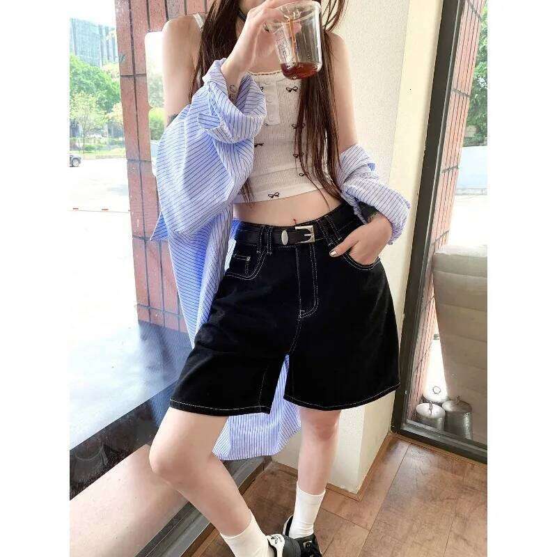 Denim Women's Straight Hong Kong Style Loose Black Mid-pants Summer Thin High-waisted Mid-length Shorts XJ260206