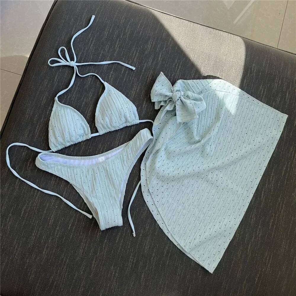 White Swimwear with Cover Up Halter Micro Thong 3 Piece Bikini Set Women Textured Swimsuit String Bathing Suit Bikinis Beachwear Z260206