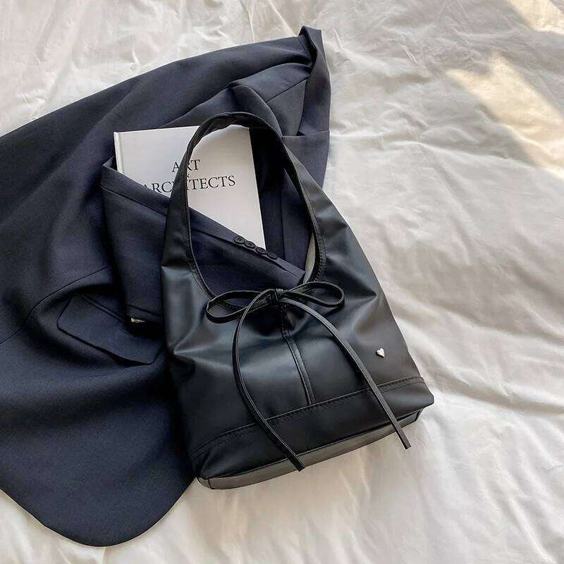 Trendy 2025 Korean Waxed Leather Bow Shoulder Bag Spacious Women's Crossbody Tote for Daily Commute Y260205