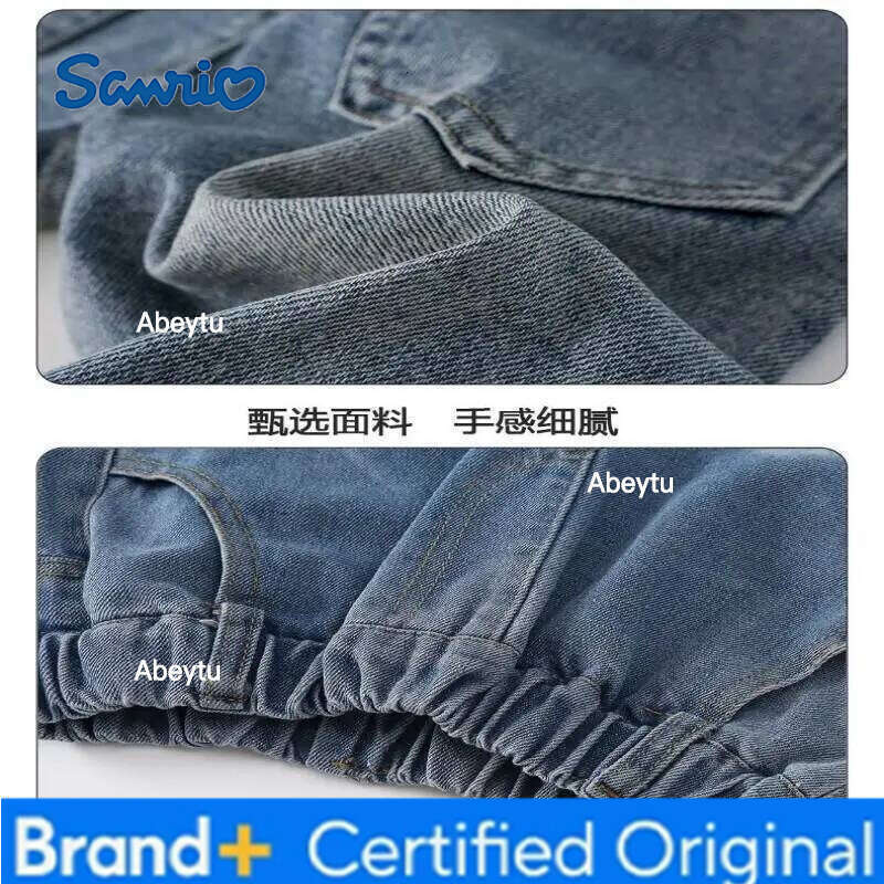 Sanrio Hello Kitty Kuromi Cinnamoroll My Melody Girls Jeans Straight Wide Leg Loose Fit Fleece-Lined Spring Autumn Winter Pants H260206