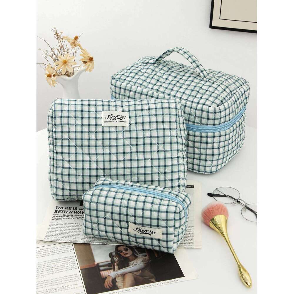 1 pc/set blue and white plaid fashionable portable bathroom essential bag, makeup storage bag Y260206