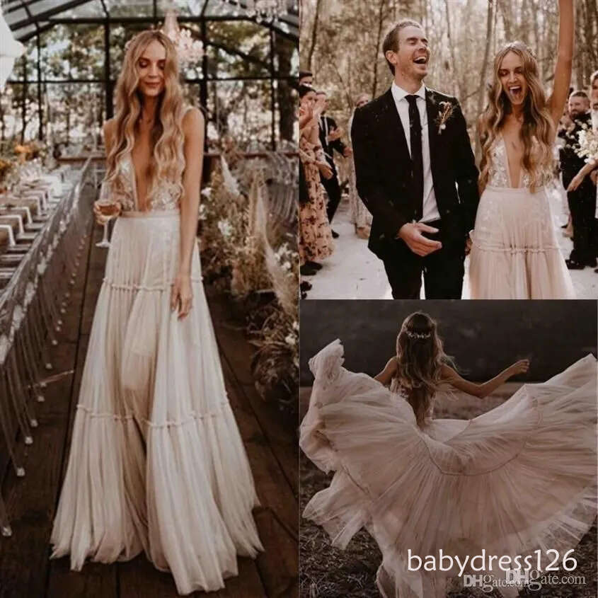 Boho Country Wedding Dresses Bridal Gown with Lace Applique Straps Sweep Train Plunging V Neck A Line Custom Made Plus Size Vestido De Novia