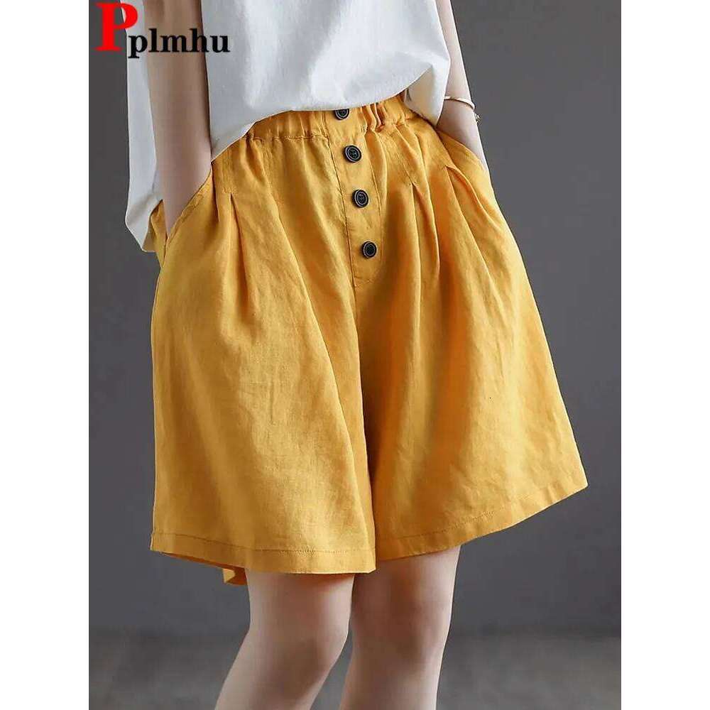 Summer Chic Design Button Baggy Shorts Women Cotton Linen Oversize Loose Short Pants Korean Casual High Waist Pantalones Cortos XJ260206