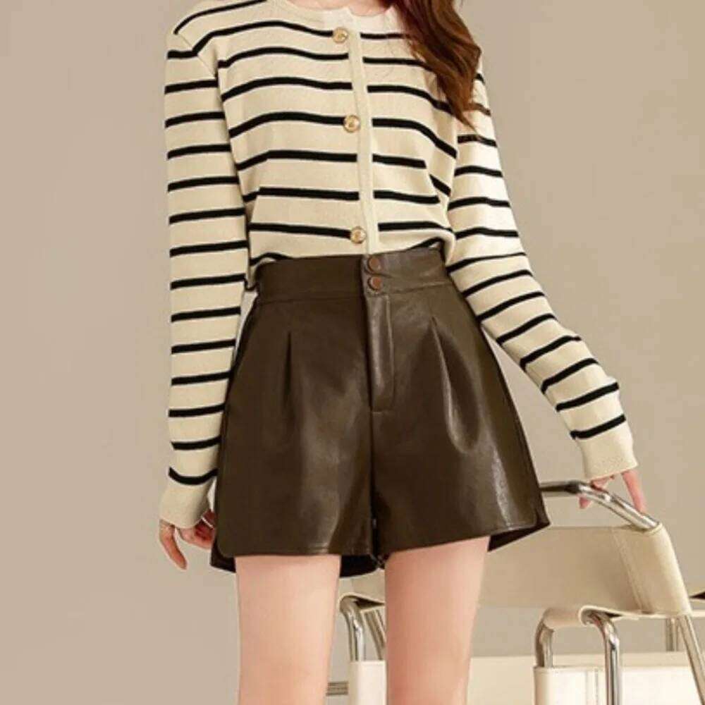 Fashion PU High Leather Black Baggy Hot Woman Short Pants Button Loose Elastic Waist Shorts Office XJ260206