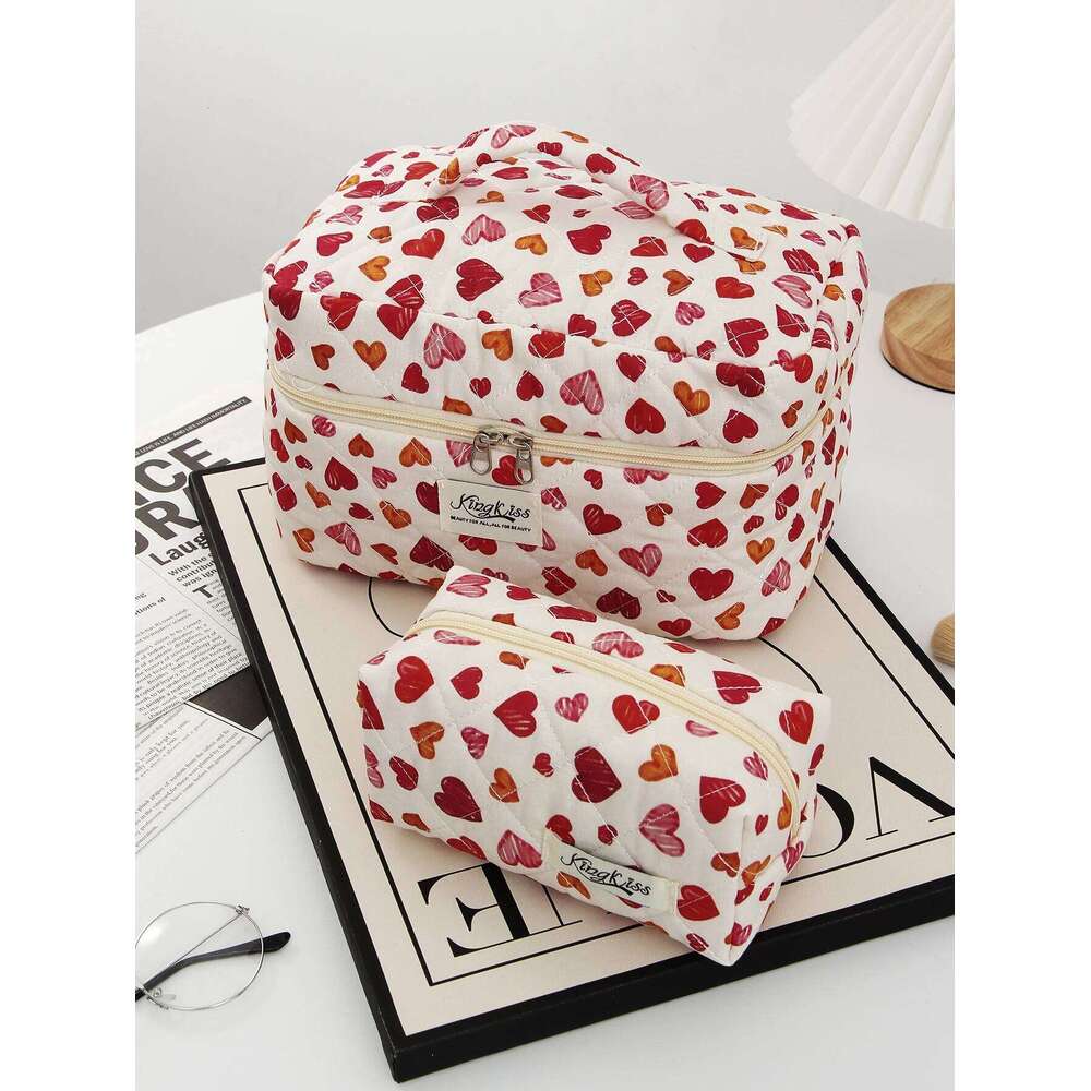 1pc/set Love Heart Quilted Cute Capacity Makeup Storage Bag, Portable Toiletry Bag Set with Zipper Y260206