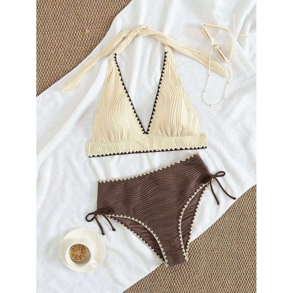 Sexy Khaki Patchwork Two Piece Bikini Set 2026 Women Push Up Drawstring Side High Waist Swimsuit Holiday Bathing Suit Swimwear Z260206