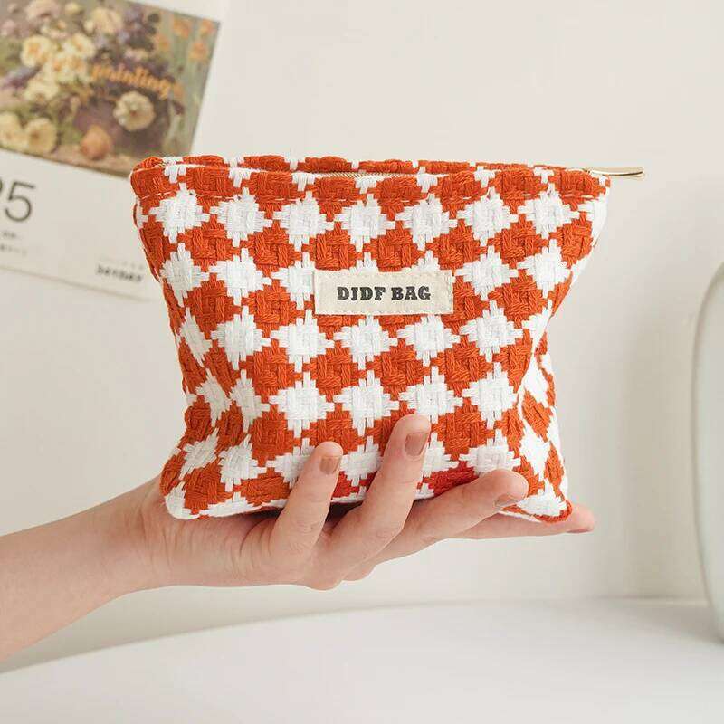 DJDF Orange Plaid Women's Cosmetic Small Double Canvas Portable Zipper Lipstick Storage Bag Commuter Coin Purse Card Holder Y260206