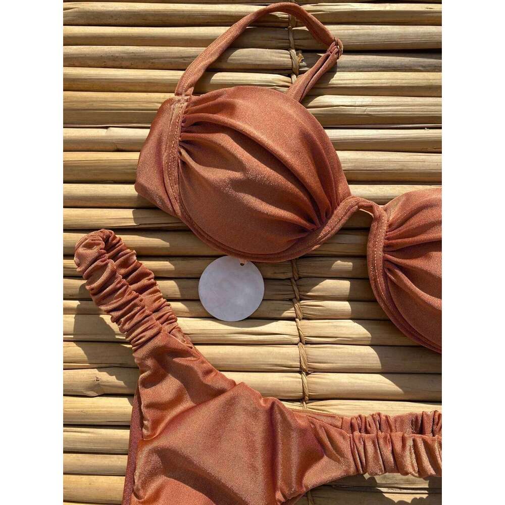 Push Up 2024 Women Swimsuit Female Swimwear Sexy Bikini Set Brazilian Biquini Swimming Suit Solid Shiny Beachwear XJ260206