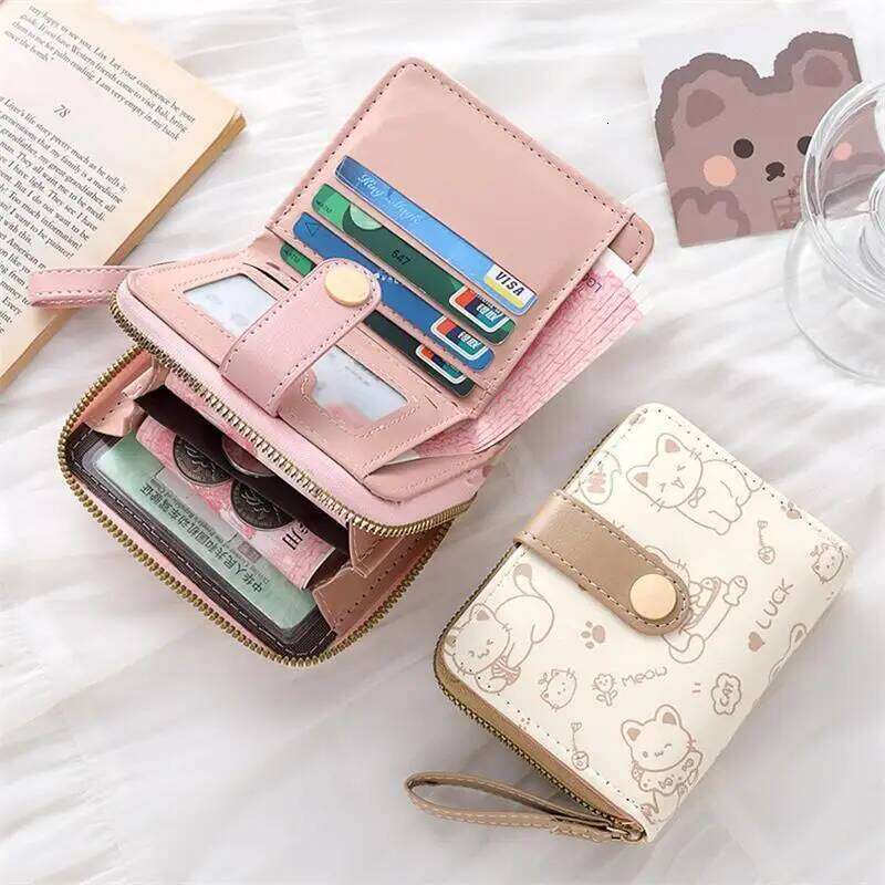 Cute Cat PU Leather Purse Women Fashion Short Folding Zipper Wallet ID Card Holder Travel Lightweight Cash Coin Bags Y260206