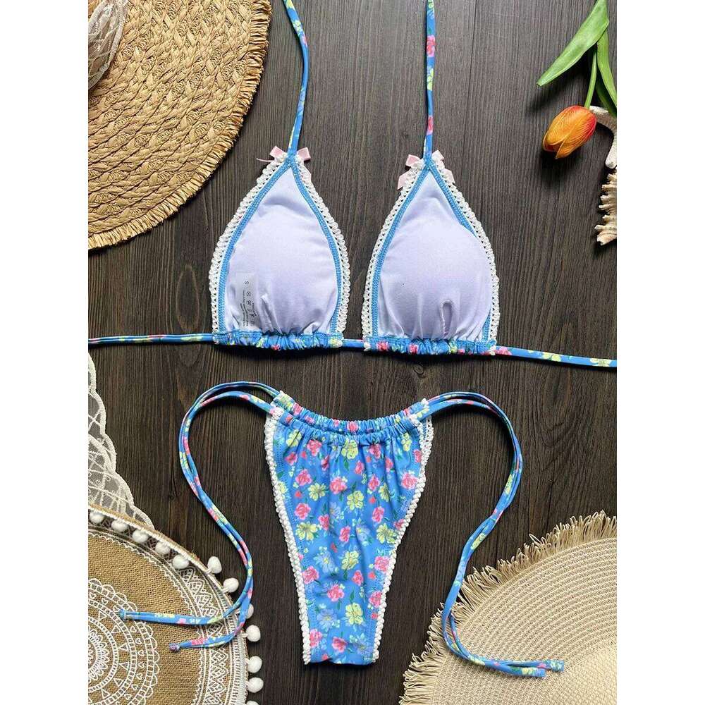 2026 Floral Print Halter Strappy Female Swimsuit Women Swimwear Two-pieces Bikini Set Bow Knotted Bathing Suit Swim Lady XJ260206