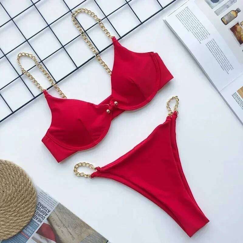 Sexy Chain Push Up Bikinis Set 2023 Mujer Micro Thong Swimsuit Swimwear Women Buckle Bathing Suit Biquinis Feminino Beachwear XJ260206