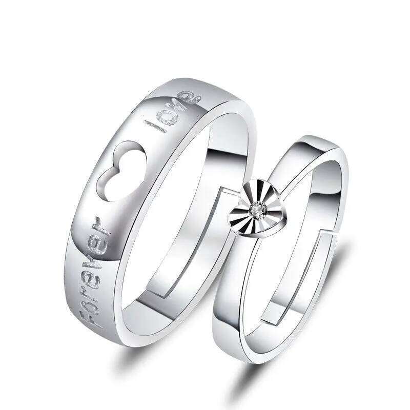 ANENJERY Silver Plated Couple For Lovers Heart Zircon Adjustable Ring Wedding Engagement Jewelry W260206