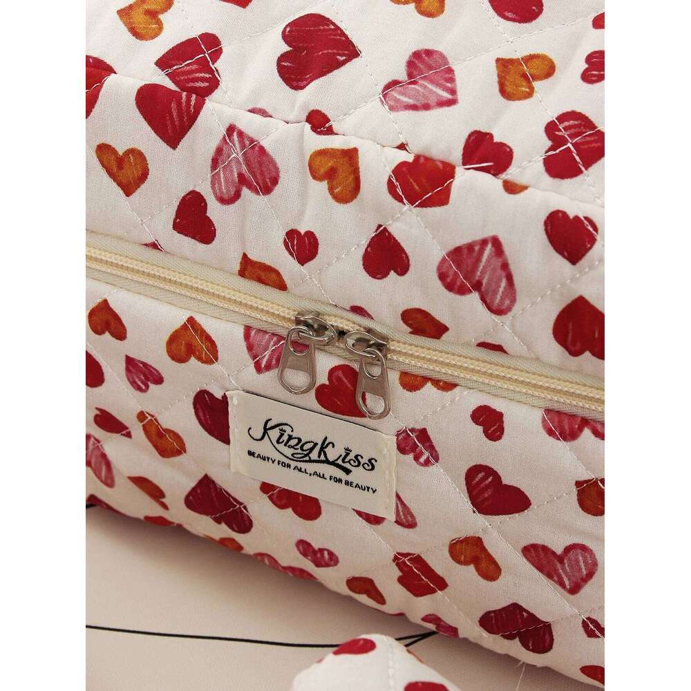 1pc/set Love Heart Quilted Cute Capacity Makeup Storage Bag, Portable Toiletry Bag Set with Zipper Y260206