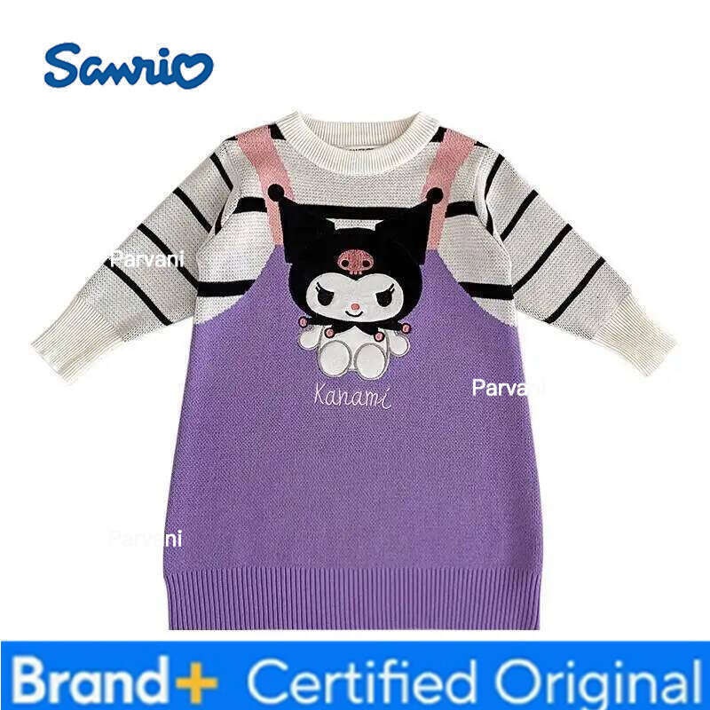 Sanrio Kuromi Knitted Dress Kawaii Autumn and Winter Cartoon Fashion Student Casual Children Clothing False Two-Piece New Style H260206 - view 7