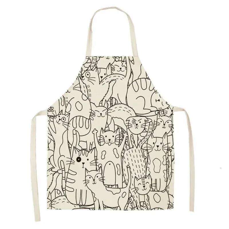 Cartoon Simple Strokes Cat Kitchen Children's Painting Female Sleeveless Cleaning Apron Baking Cooking Accessories S260205