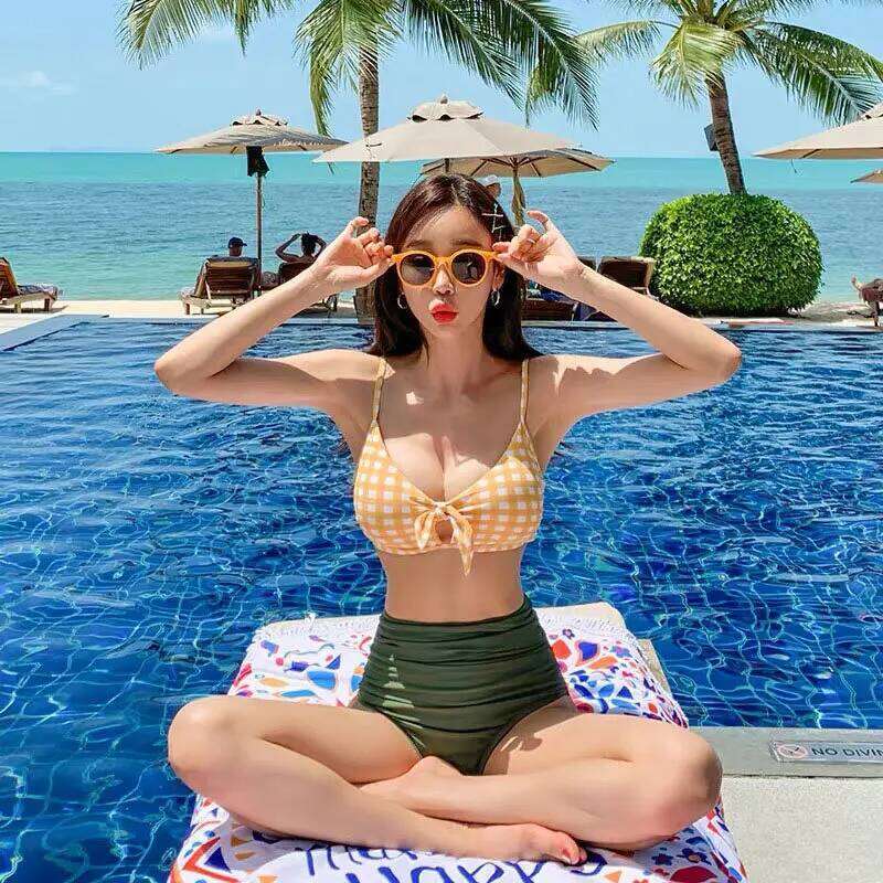 Women's Bikini Set Plaid Waist Swimwear Swimsuit High Quality Beach Koren Style Bathing Suit Women XJ260206