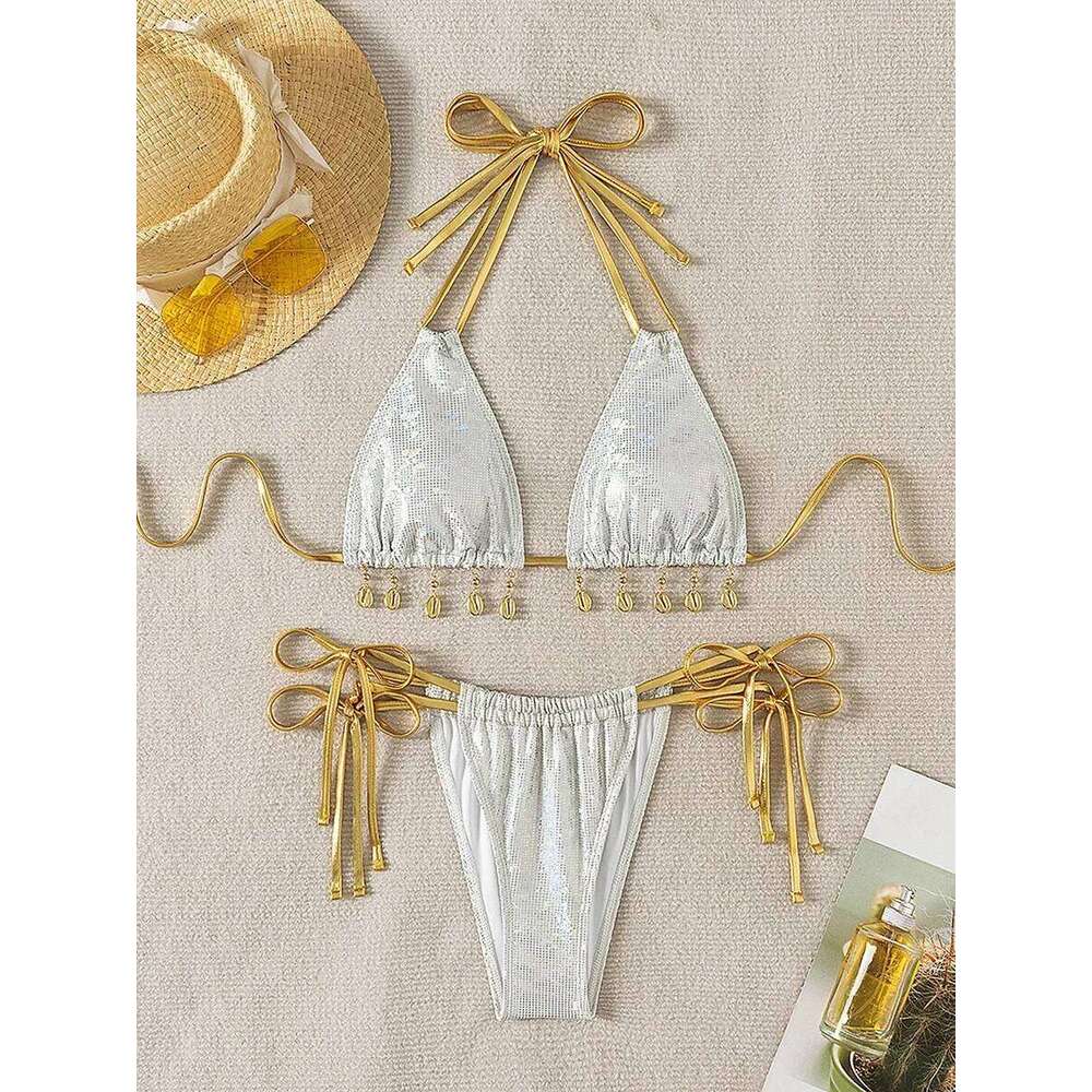 Shiny Shell Pendant Halter Strappy Female Swimsuit Women Swimwear Two-pieces Bikini Set Mini Micro Bathing Suit Swim Lady Z260206