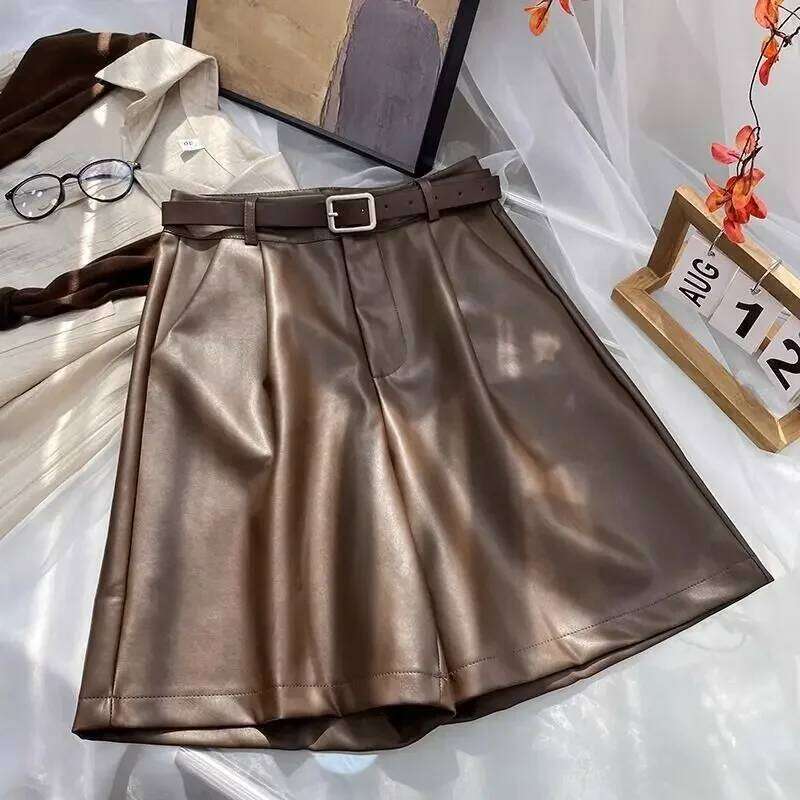 Women Shorts PU Leather Autumn Vintage BF Unisex Loose Wide Leg Bottoms British Stylish Chic Streetwear High Waist Smooth Simple H260206