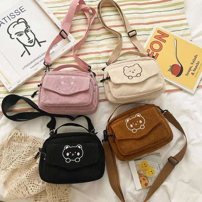 Personalized Teddy Bear Embroidered Diagonal Shoulder Corduroy Crossbody Bag, Cute Teen Canvas Bag,Harajuku Phone Pouch XJ260129