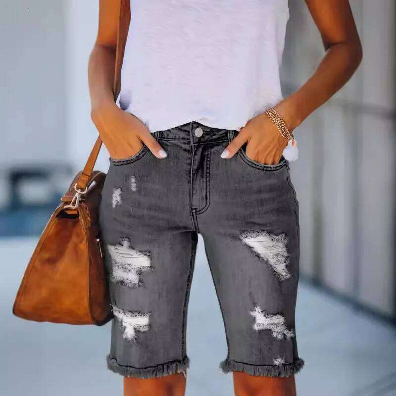 Commuting Mid-length Straight Leg Jeans. New Summer Fashion Washed Ripped Casual Tassel Design Mid-waist Short Jeans for Women H260206