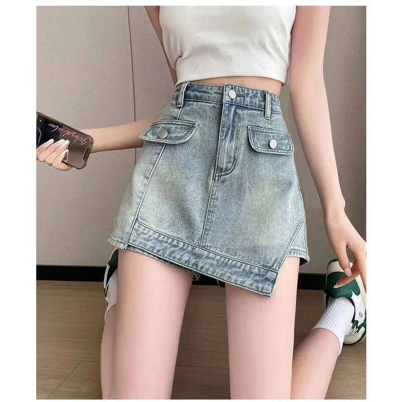 Anti-exposure Denim Shorts for Women Summer High-waisted A-line Versatile Wide-leg Short Skirt Pants XJ260206